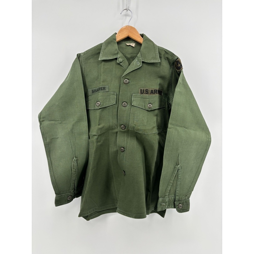US Army OG-107 Fatigue Shirt Mens Green Flap Pockets Vietnam Vintage Starched